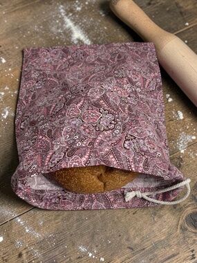 Mauve Paisley Cotton Bread Bag, Reusable Drawstring Bread Storage Bag